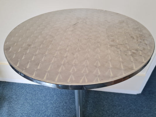 Zinc bar table. Height (to top of table) 108cm. Diameter of table: 60cm.