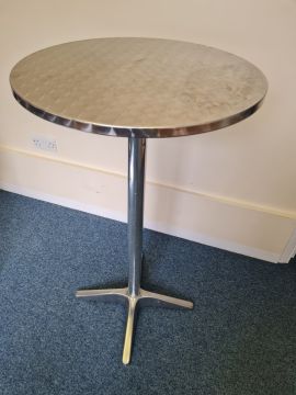 Zinc bar table.  Height (to top of table) 108cm.  Diameter of table: 60cm.